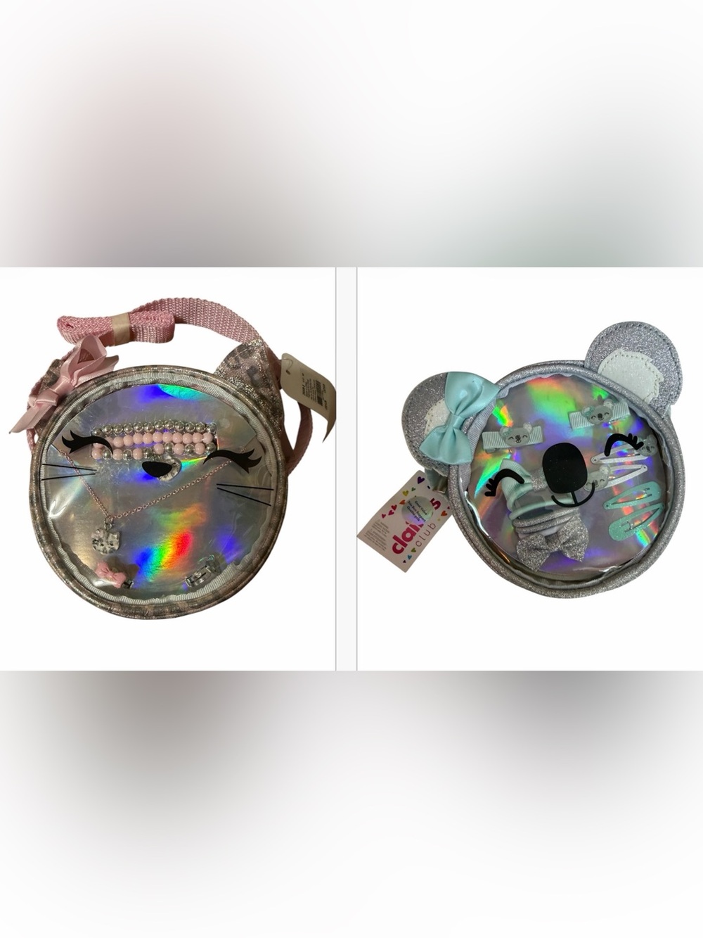 Claire’s Holographic Koala OR Cat Crossbody Bag Filled with Hair Accessories NWT